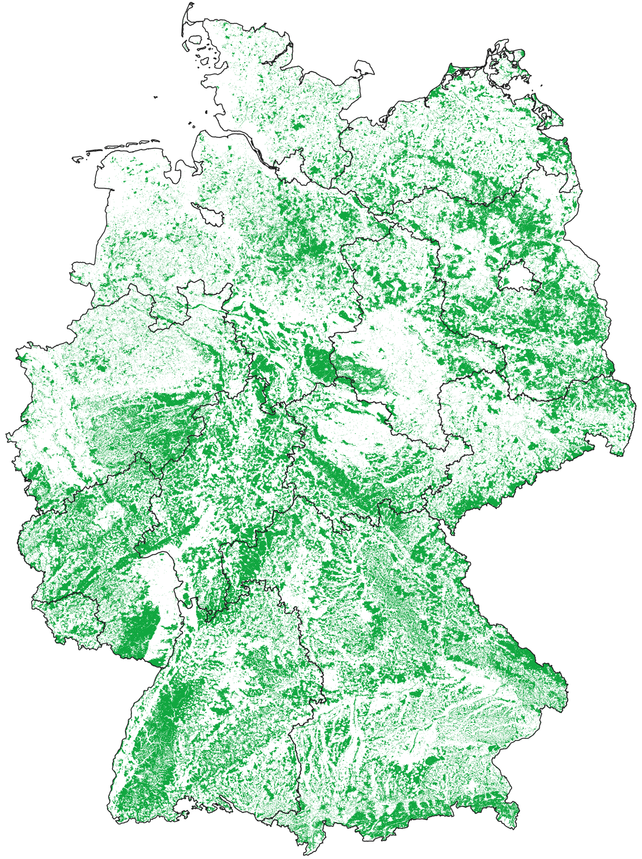 Deutschlandkarte, Waldfläche ist grün dargestellt
